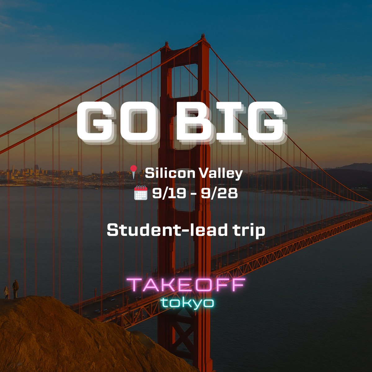 takeoff_tokyo's tweet image. GO BIG💥

We are organizing an open trip to Silicon Valley 9/19-9/28 to meet some of the best entrepreneurs and investors in the world!

Starting a company is easy, but we want to build trillion dollar companies.

Are you young and ambitious? Comment GO BIG or DM to join us✉️