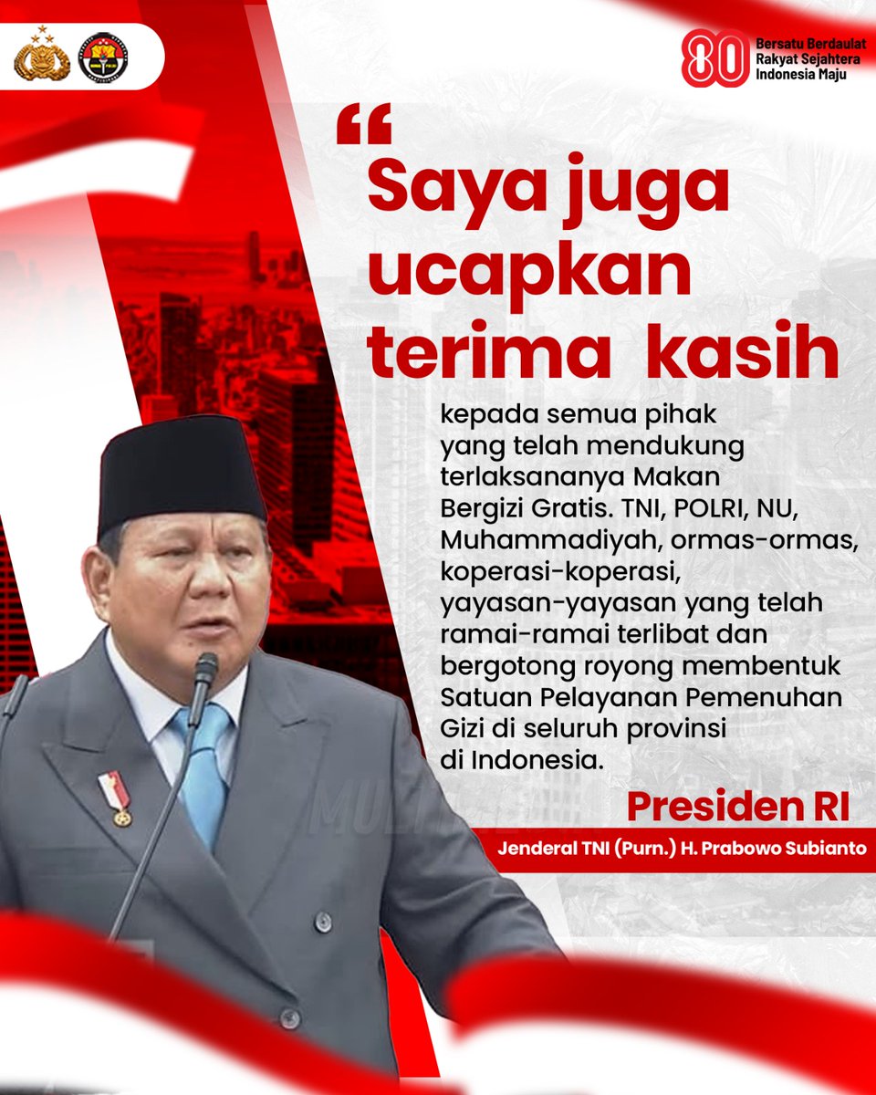 Poldakaltim's tweet photo. Presiden RI, Jenderal TNI (Purn.) H. Prabowo Subianto, menyampaikan terima kasih kepada seluruh pihak yang telah mendukung terlaksananya program makan bergizi gratis. 
#80TahunIndonesia
Bersatu Wujudkan Kemajuan https://t.co/VanPckI8LI