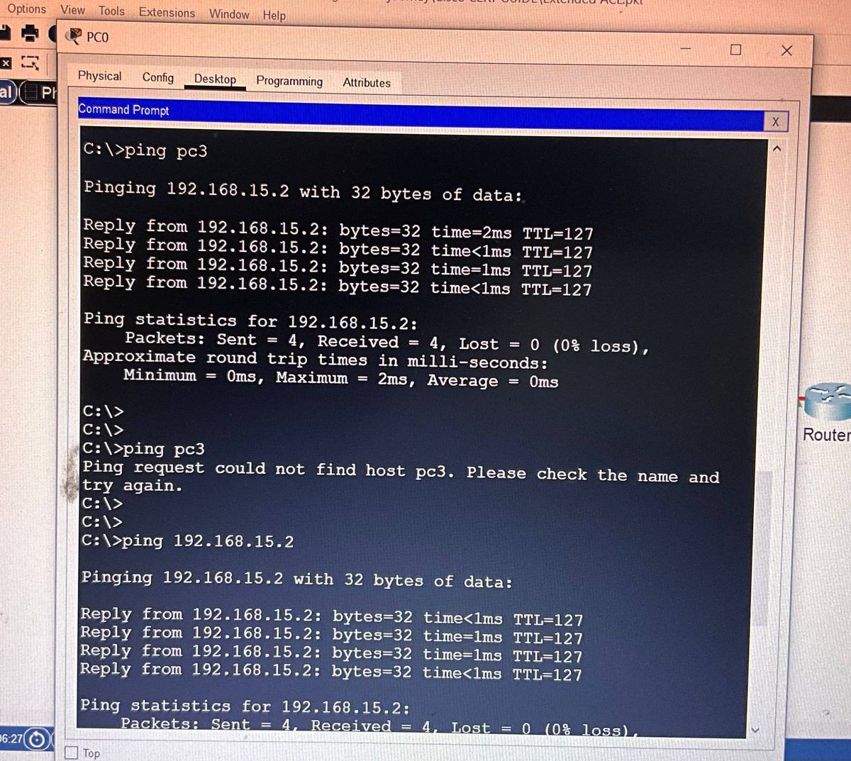 Joaoo_wr's tweet photo. Today’s lab: Extended IPv4 ACLs
🔒 PC0 &amp; PC2 blocked from using DNS on Server1
🔓 Only PC0 can reach 192.168.15.0/24, PC1 can’t.
📊 Result: PC0/PC2 can ping by IP, not by name. PC3 can ping PC0, but fails to ping PC1 (blocked).

#CCNA #ACL #IPv4 #NetworkEngineering https://t.co/hIw1tvZmHD