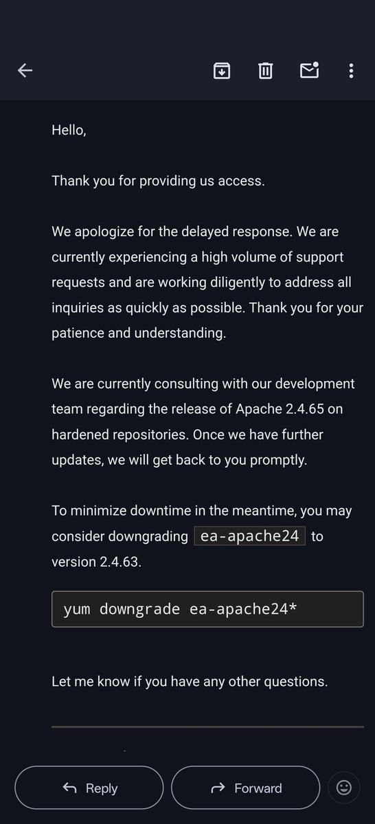 Imunify360 hardened repo's dont have Apache 2.4.65 ,which is required to get rid of the 421 Misredirect Errors / SNI Mismatch ...

Let's hope it gets done quickly 

Downgrading isnt a good option at the moment .