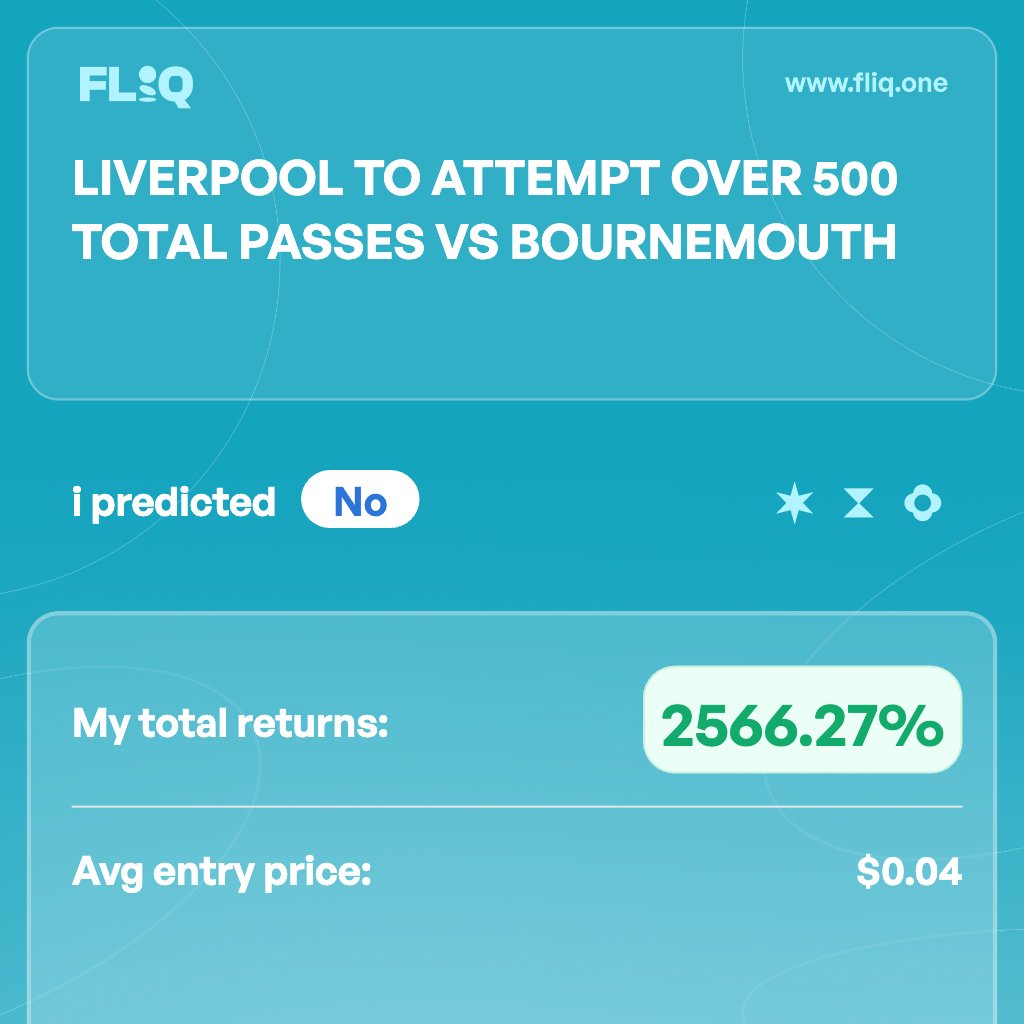 Amit Kumar (@amitkum18476808) on Twitter photo Everyone was betting Yes on Liverpool attempting more than 500 passes, and I was able to load up on No shares at just 4 cents a piece.
Winning big on <a href="/predictonfliq/">Fliq Predictions ๐ฟ๐</a> is a new habit ๐ฅณ Everyone was betting Yes on Liverpool attempting more than 500 passes, and I was able to load up on No shares at just 4 cents a piece.
Winning big on <a href="/predictonfliq/">Fliq Predictions ๐ฟ๐</a> is a new habit ๐ฅณ
