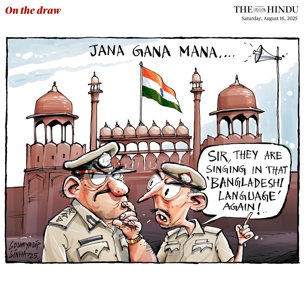 sinha_soumyadip's tweet photo. Cartoon published in @the_hindu 

#IndependenceDay #IndependenceDay2025 #Bengali #Migrant #cartoon #LANGUAGE #UnityInDiversity #onthedraw #politicalcartoon https://t.co/MDZKkaqhlb