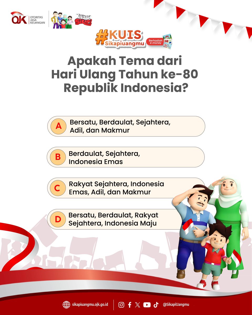 Hmmm... Pilihan di bawah emang mirip-mirip sih, tapi yang benar yang mana ya?

Tulis jawabanmu di kolom komentar dan mention 3 orang teman untuk mendapatkan kesempatan memenangkan hadiah berupa kartu e-money senilai Rp100.000!

#KuisSikapiUangmu #Kuis #Giveaway #HUT80RI