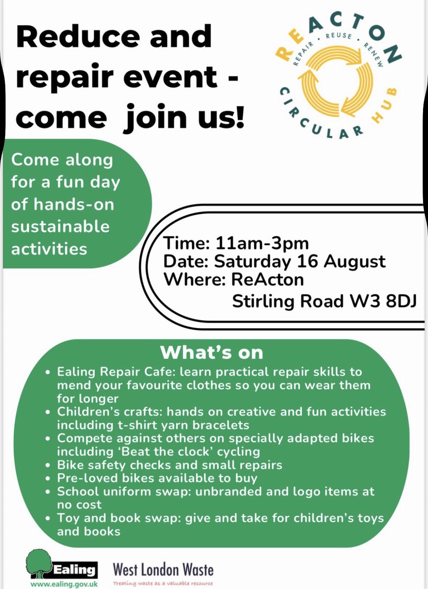 JM4NorwoodGreen's tweet photo. #NorwoodGreen #Southall & @EalingCouncil residents -
A Reduce & Repair event is all ready to go - it offers First uniform - free shop & swap as well as lots of other events.
Where: #ReActon Hub Stirling Road W3 8DJ
When: today! Saturday 16 August from 11-3pm. https://t.co/jZ8RWfGg0R