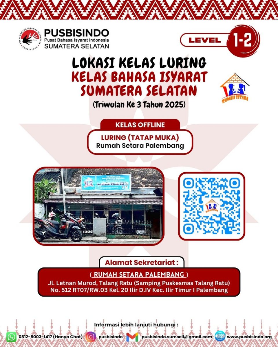 Pendaftaran kls bahasa isyarat level 1-2 area Sumatera Selatan telah dibuka!

Utk pendaftaran kelas bahasa isyarat Sumsel, klik link : s.id/pusbisindosums…

Utk  pertanyaan / info lbih lanjut, bisa hubungi Pusbisindo Sumsel via WA: wa.link/xri1p5

#kelasbahasaisyarat