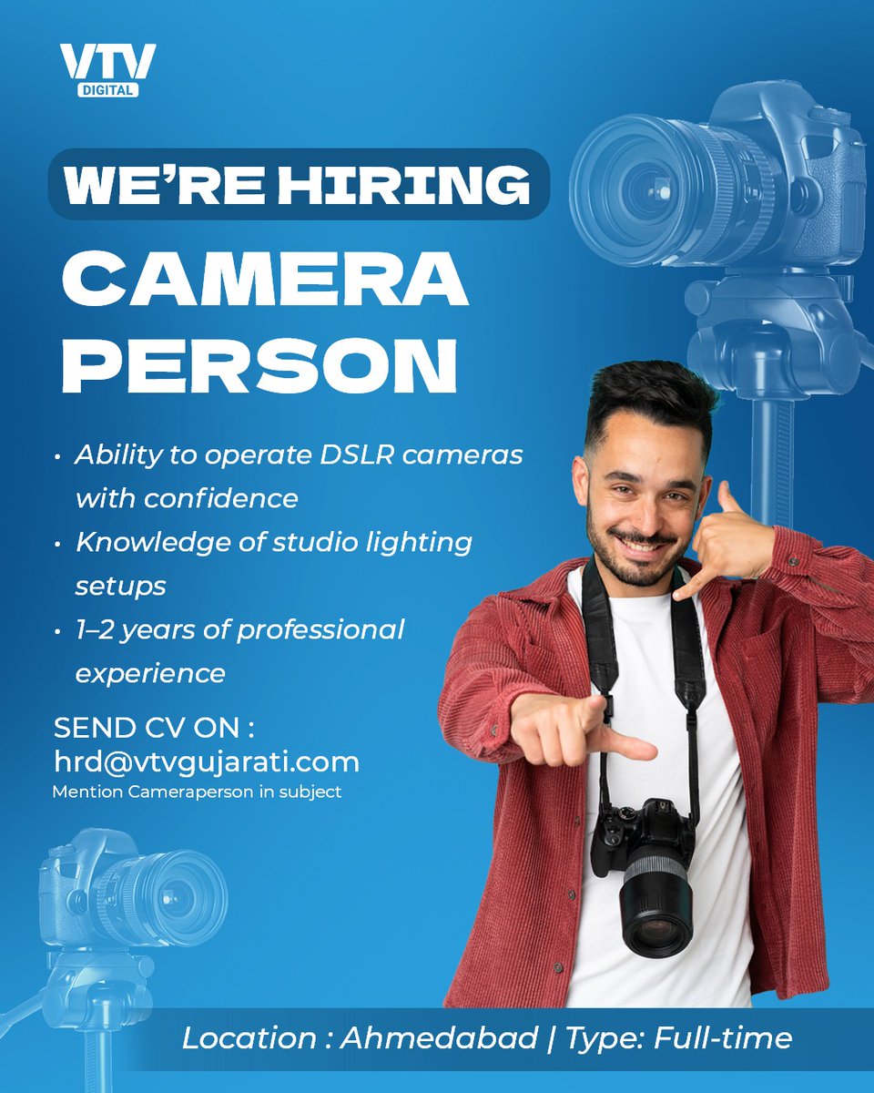 VtvGujarati's tweet photo. We're Hiring

Camera Person

#jobhiring #jobhiring2025 #JobHiringNow #cameraman #cameraperson #vtvjob #VTVDigital https://t.co/gtJmaC35mf