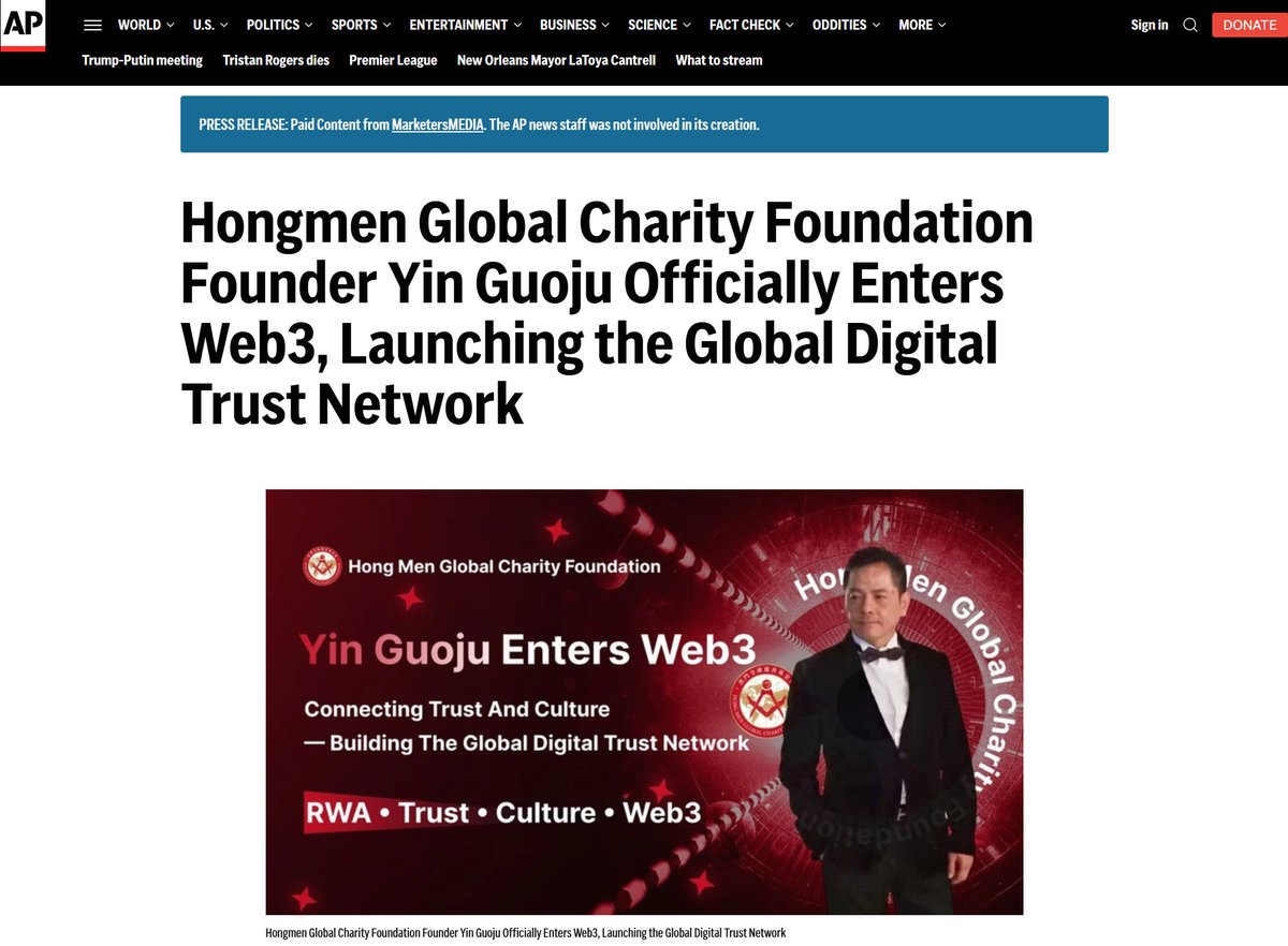 HongMenCharity's tweet photo. Big News: The Hongmen Global Charity Foundation has been featured by the Associated Press (AP News).

Founder Yin Guoju officially announced his entry into Web3, launching the Global Digital Trust Network — a pioneering initiative centered on RWA.

Building trust, compliance & cultural heritage into the future of digital finance. 🌐

🔗https://t.co/psazHcdDQL
#HongmenCharity #Web3 #Crypto #RWA