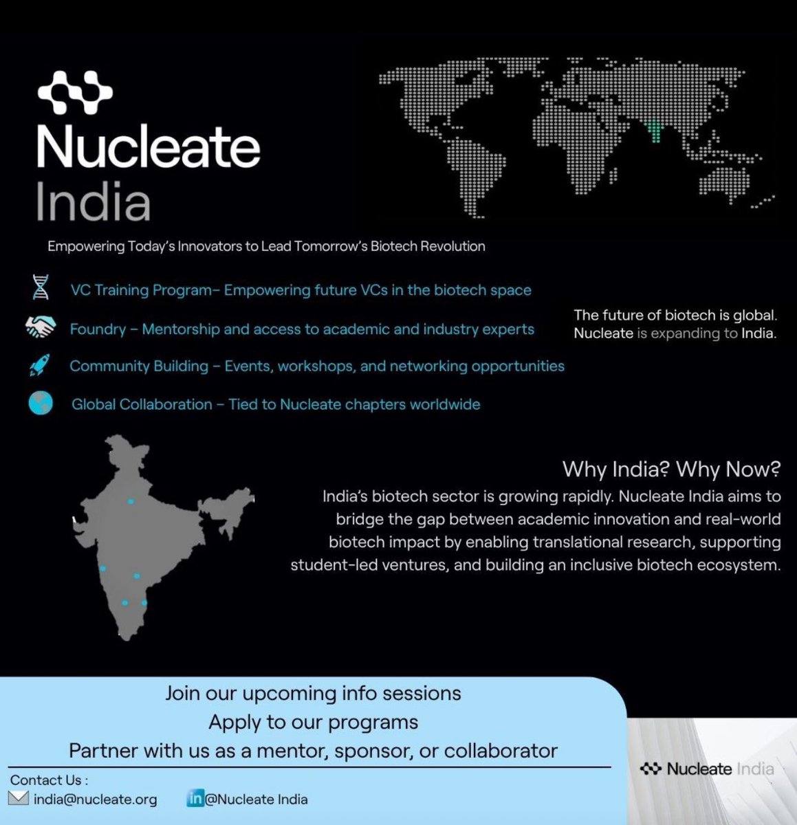 NucleateIndia's tweet image. India is at a biotech tipping point—innovation accelerating, research world-class, talent unstoppable. 

We connect, catalyse &amp;amp; champion this rise. Student, scientist, founder or dreamer—join us to shape biotech’s future in India. 

#BiotechIndia #Innovation #FutureOfBiotech