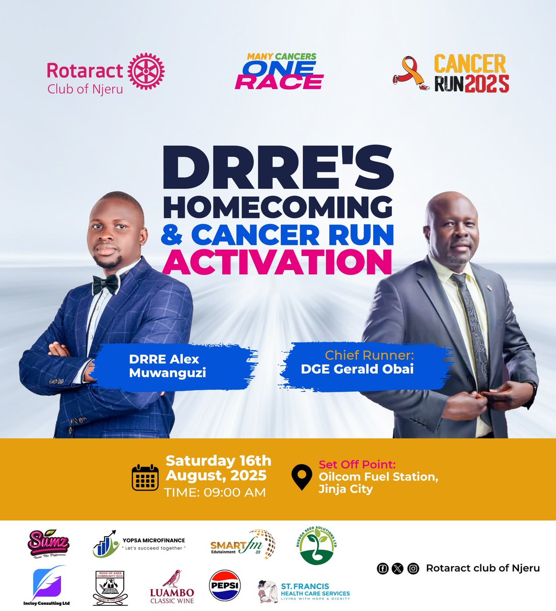 Peter Dhamuzungu (@dhamuzungu_p) on Twitter photo Join us in a few minutes from now as we walk to awaken hope through #CancerRunUg25 led by <a href="/rctnjeru/">Rotaract Club of Njeru</a>, and donβt forget to be with us this evening as we usher in the first Eastern District Rotaract Representative Elect- DRRE <a href="/MuwanguziAlex11/">Muwanguzi Alex</a>.
#CancerRunUg25 | #Unite4good9213 Join us in a few minutes from now as we walk to awaken hope through #CancerRunUg25 led by <a href="/rctnjeru/">Rotaract Club of Njeru</a>, and donβt forget to be with us this evening as we usher in the first Eastern District Rotaract Representative Elect- DRRE <a href="/MuwanguziAlex11/">Muwanguzi Alex</a>.
#CancerRunUg25 | #Unite4good9213
