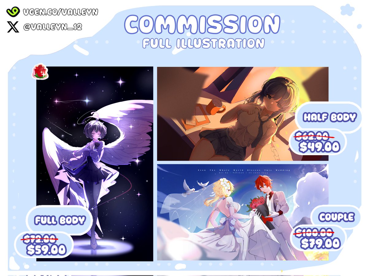 (Repost are very appreciated)
COMMISSION: OPEN 🌹

Hello everyone! If you're interested, feel free to ask me on dm or discord^^
MORE SERVICES ON
MY VGEN: vgen.co/Valleyn 

#VGenComms #commissionsopen
#commissionopen #Commission #artcommissions  #VGenComm #VGenOpen