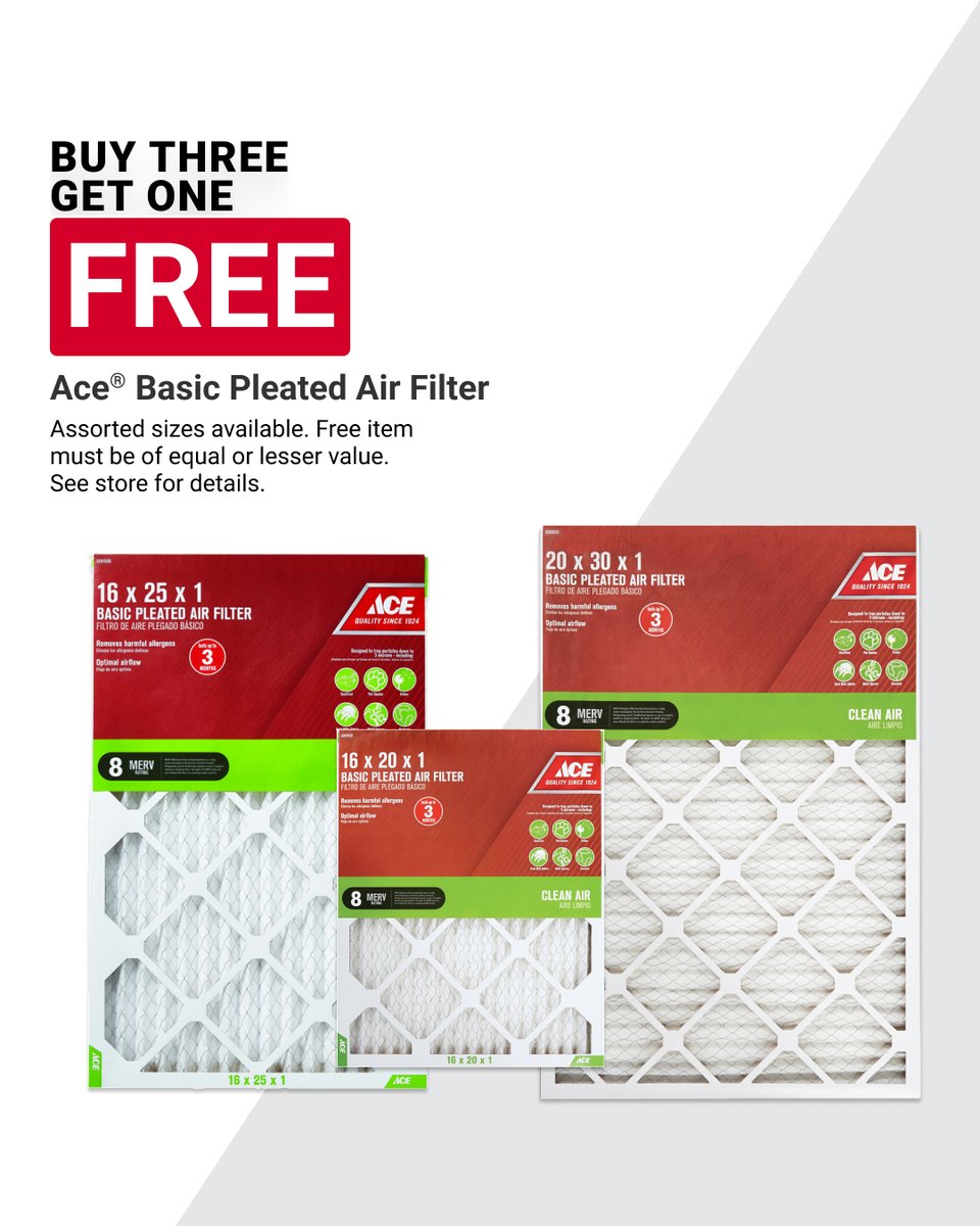 Breathe easy knowing you have the right filters for clean air in the home. When you buy three Ace® Air Filters at our store, you get a fourth one FREE. See our store for details. Offer valid at participating locations August 1–26. Learn more at acehardware.com/local-ad?store… #MyLocalAce