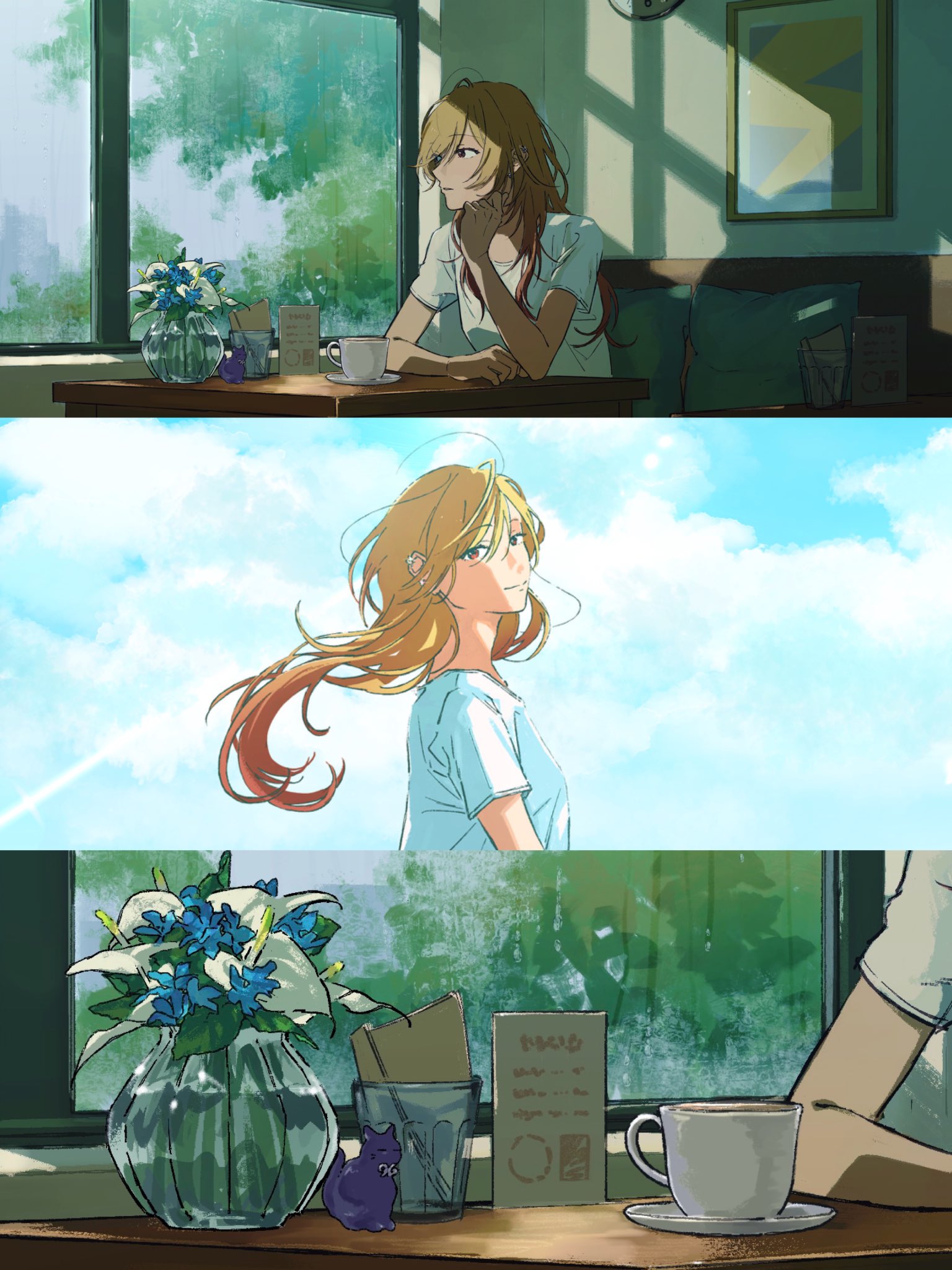 自作絵画　猫マダム、オカリナの音をもとめて、満月と海のギター弾き　3枚セット ヨルシカLIVE「月と猫のダンス」特設サイト