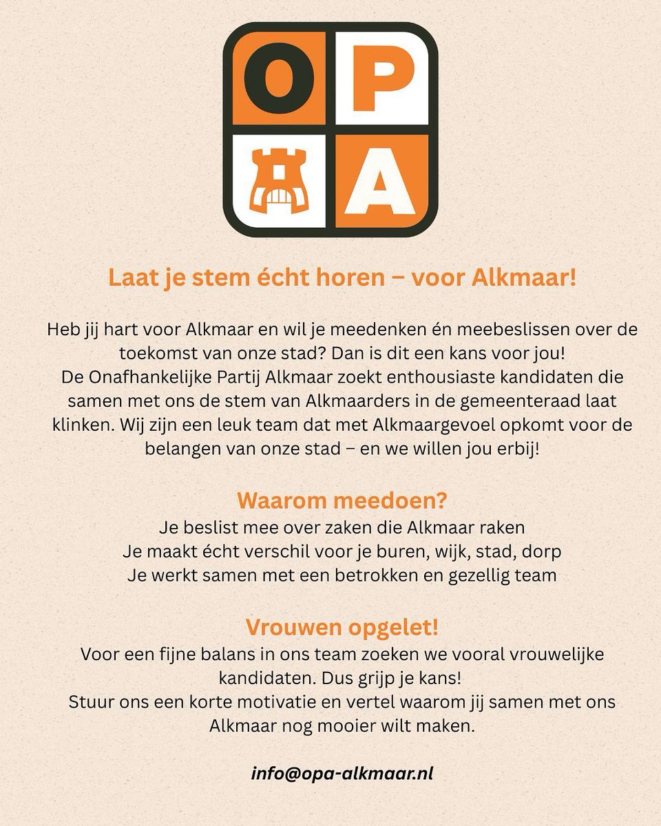 Laat je stem écht horen – voor Alkmaar!
Heb jij hart voor Alkmaar en wil je meedenken én meebeslissen over de toekomst van onze stad? Dan is dit een kans voor jou!

facebook.com/share/p/16t67v…