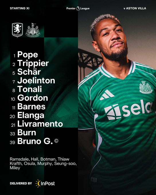 Newcastle United: Pope, Trippier, Schär, Joelinton, Tonali, Gordon, Barnes, Elanga, Livramento, Burn, Bruno G.