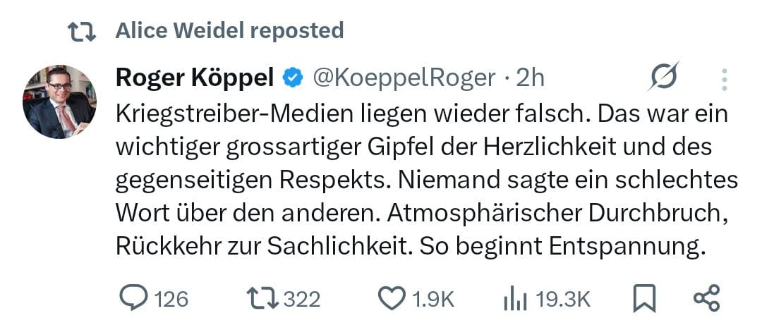 Dennis Radtke (@radtkemdep) on Twitter photo Radio Moskau,mit Chefreproter <a href="/KoeppelRoger/">Roger Köppel</a>, sendet und <a href="/Alice_Weidel/">Alice Weidel</a> gefällt es. Mehr muss man zu der shit show von #trump und #Putin nicht wissen. Radio Moskau,mit Chefreproter <a href="/KoeppelRoger/">Roger Köppel</a>, sendet und <a href="/Alice_Weidel/">Alice Weidel</a> gefällt es. Mehr muss man zu der shit show von #trump und #Putin nicht wissen.