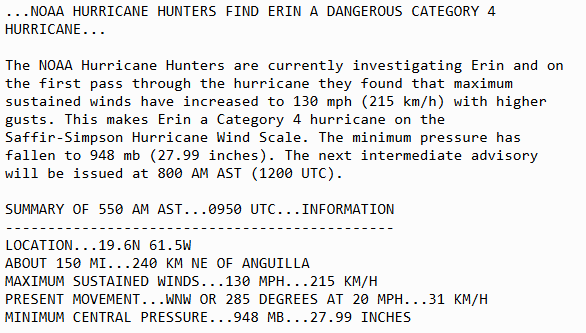 National Hurricane Center (@nhc_atlantic) on Twitter photo Aug 16 6AM AST: <a href="/NOAA_HurrHunter/">NOAA Aircraft Operations Center</a> find #Erin has strengthened into a dangerous Category 4 hurricane with maximum sustained winds of 130mph. Stay up to date with the latest forecast at hurricanes.gov Aug 16 6AM AST: <a href="/NOAA_HurrHunter/">NOAA Aircraft Operations Center</a> find #Erin has strengthened into a dangerous Category 4 hurricane with maximum sustained winds of 130mph. Stay up to date with the latest forecast at hurricanes.gov