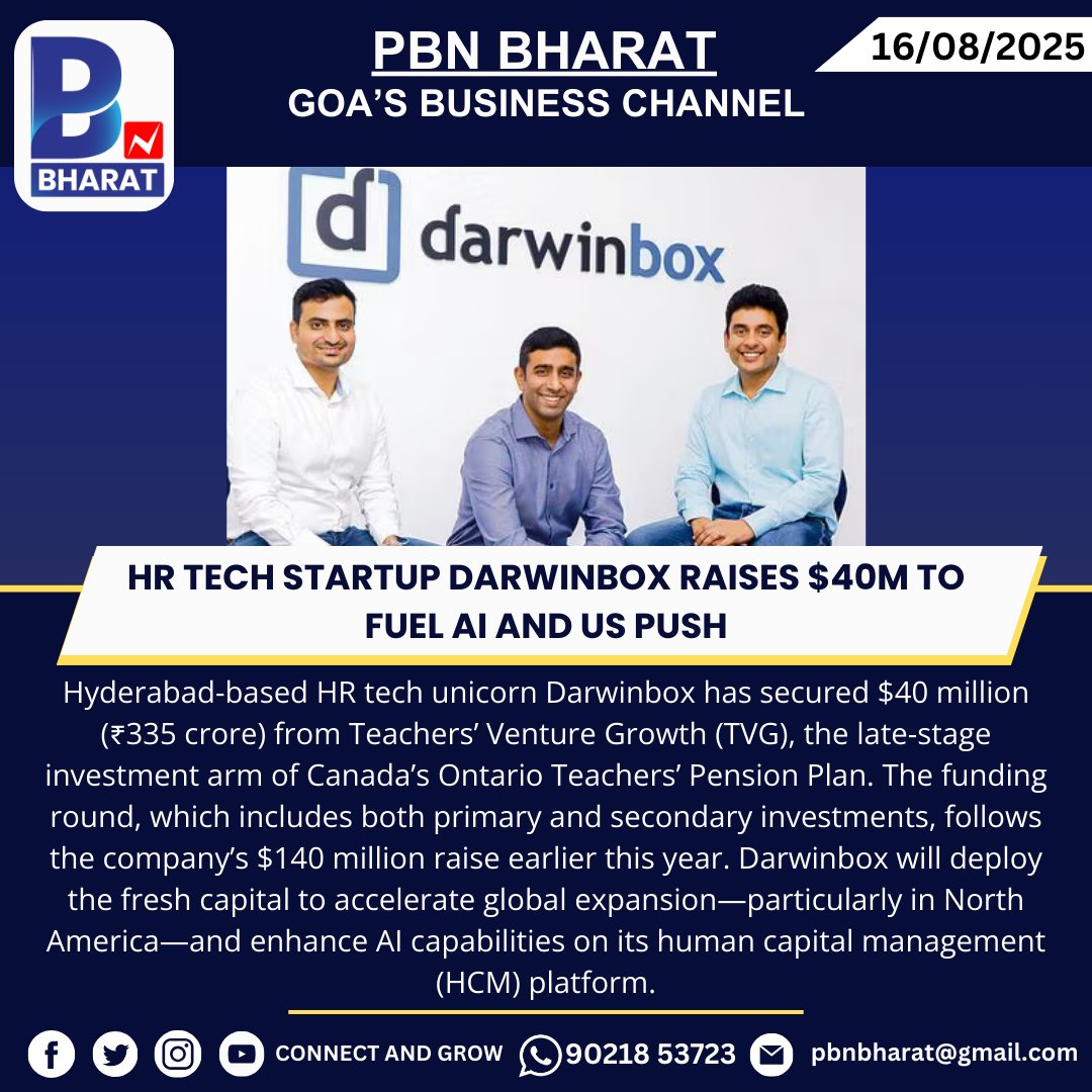 PBNBHARAT's tweet image. HR Tech Startup Darwinbox Raises $40M to Fuel AI and US Push
#Darwinbox #HRTech #StartupFunding #VentureCapital #AI #NorthAmericaExpansion #TechStartups #OntarioTeachers