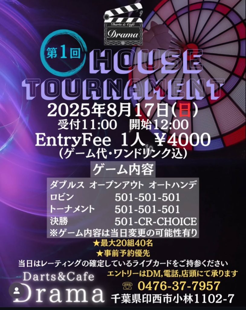 本日 <a href="/Dartscafedrama/">Darts&cafe Drama</a> プレイヤー入ります！
明日予定の第1回ハウスも若干ですが空きがあります！
是非いらしてください🙆‍♂️