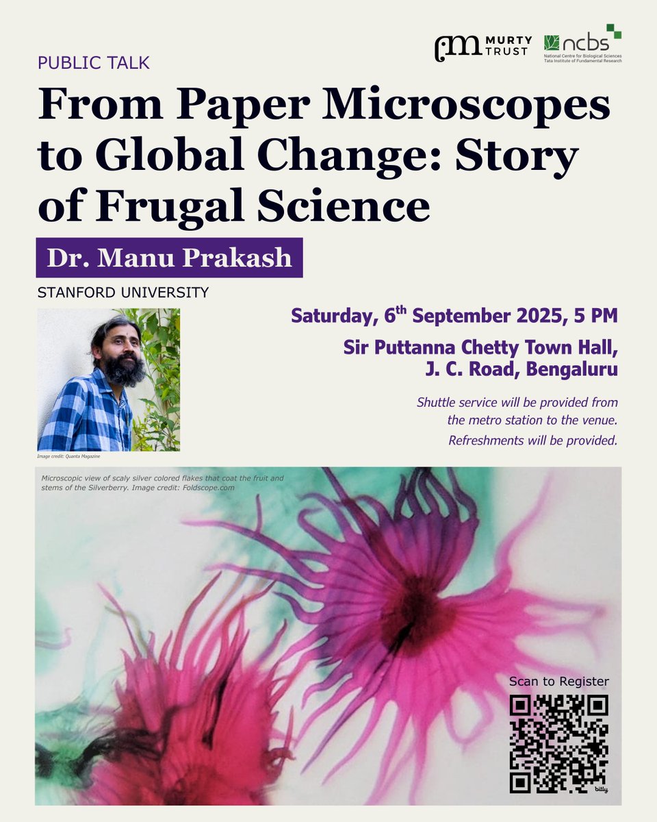 National Centre for Biological Sciences (@ncbs_bangalore) on Twitter photo <a href="/NCBS_Bangalore/">National Centre for Biological Sciences</a> and the Murty Trust are excited to invite you to a public talk, “From Paper Microscopes to Global Change: Story of Frugal Science” by Dr. Manu Prakash, Associate Professor of Bioengineering at <a href="/Stanford/">Stanford University</a>.
🔗 Register now – bit.ly/45KnDDQ
Know more👇
(1/4) <a href="/NCBS_Bangalore/">National Centre for Biological Sciences</a> and the Murty Trust are excited to invite you to a public talk, “From Paper Microscopes to Global Change: Story of Frugal Science” by Dr. Manu Prakash, Associate Professor of Bioengineering at <a href="/Stanford/">Stanford University</a>.
🔗 Register now – bit.ly/45KnDDQ
Know more👇
(1/4)