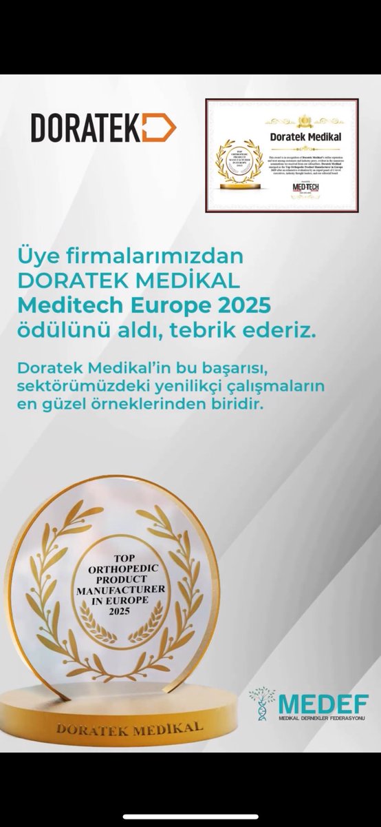 🎉 Üye firmalarımızdan Doratek Medikal, Meditech Europe 2025 ödülünü alarak büyük bir başarıya imza attı!

👏 Başarılarının devamını diliyoruz!

#DoratekMedikal #MeditechEurope2025 #Ortopedi #MedikalTeknoloji #İnovasyon #SağlıkSektörü #BaşarıHikayesi #Medef