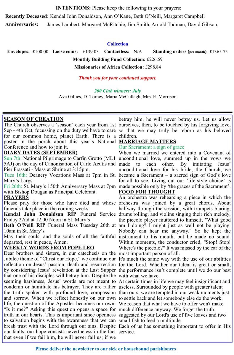 Our weekend bulletins for the 20th Sunday in Ordinary Time. Best wishes to all pupils and staff as our schools restart this week.