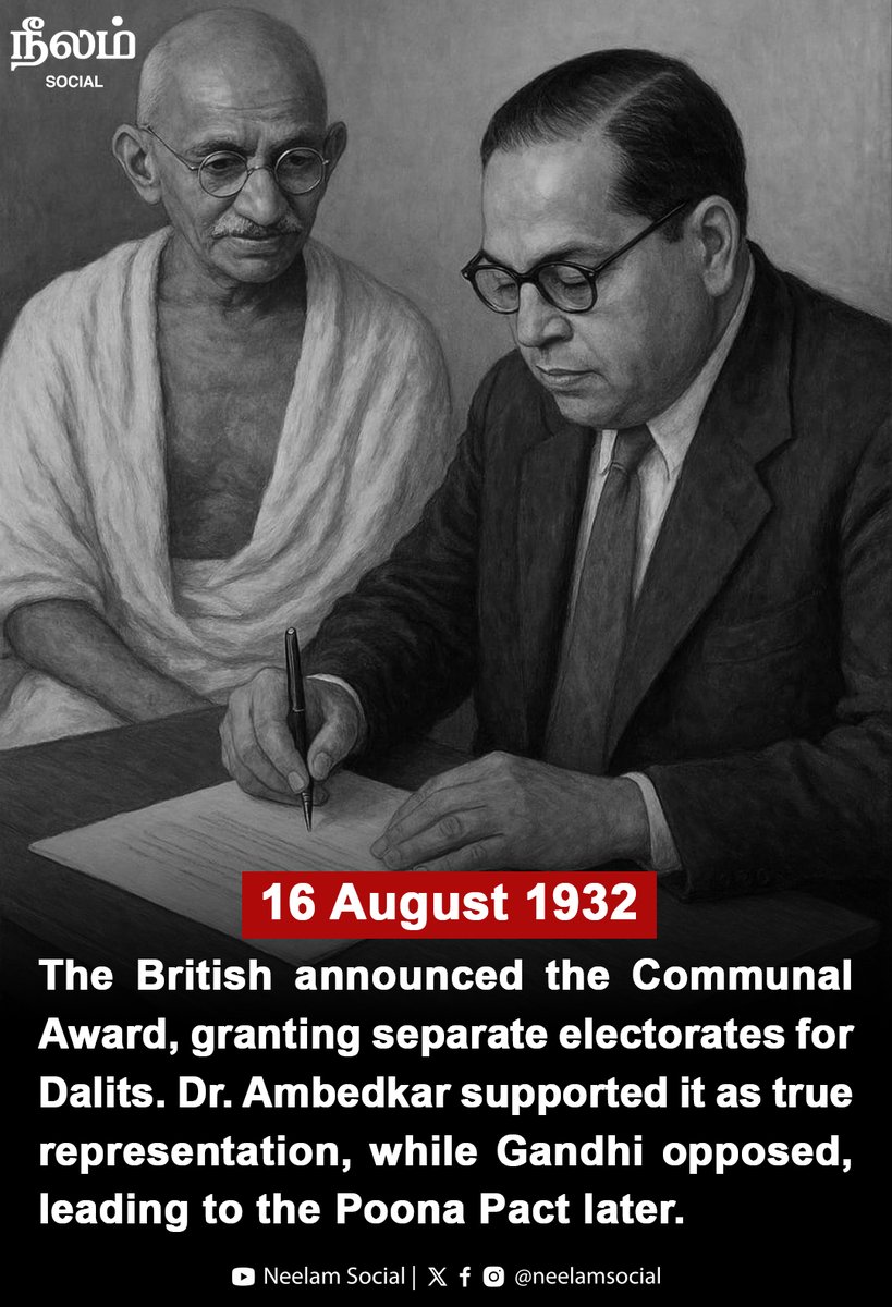 NeelamSocial's tweet photo. On 16 August 1932, the British announced the Communal Award, granting separate electorates for Dalits.Dr. Ambedkar supported it as true representation, while Gandhi opposed, leading to the Poona Pact later.
#Ambedkar #CommunalAward #DalitHistory #OnThisDay #PoonaPact | #Neelamsocial