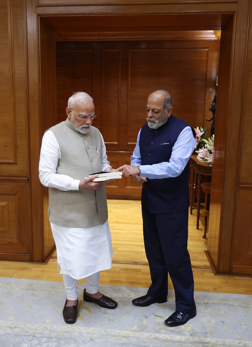 A grt honour to call on Hon'ble PM Narendra Modiji to present him my books "Global Tumult-India As a Pole Star" &amp; "World Upside Down-India Recalibrates Its Geopolitics". His leadership inspires the Nation to work for #ViksitBharat2047 #SurakshitBharat
#AtmanirbharBharat Jai Hind!