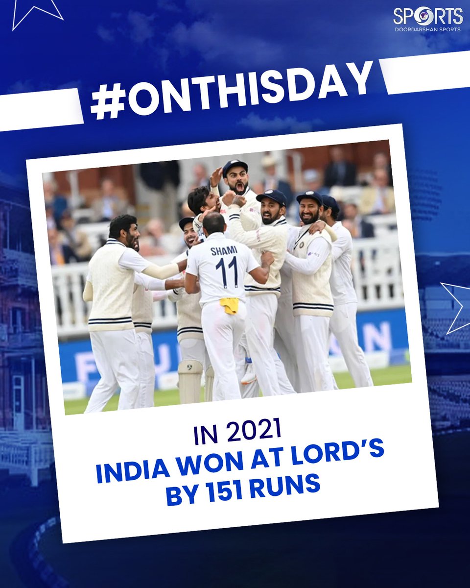 ddsportschannel's tweet image. #OnThisDay 2021 |  भारत ने रचा था बड़ा इतिहास! 🇮🇳🔥

लॉर्ड्स के मैदान पर विराट कोहली की आक्रामक कप्तानी में टीम इंडिया ने इंग्लैंड को 151 रनों से हराकर दर्ज की थी यादगार जीत। 🏏

#TeamIndia #LordsTest #ViratKohli #OTD 

@BCCI