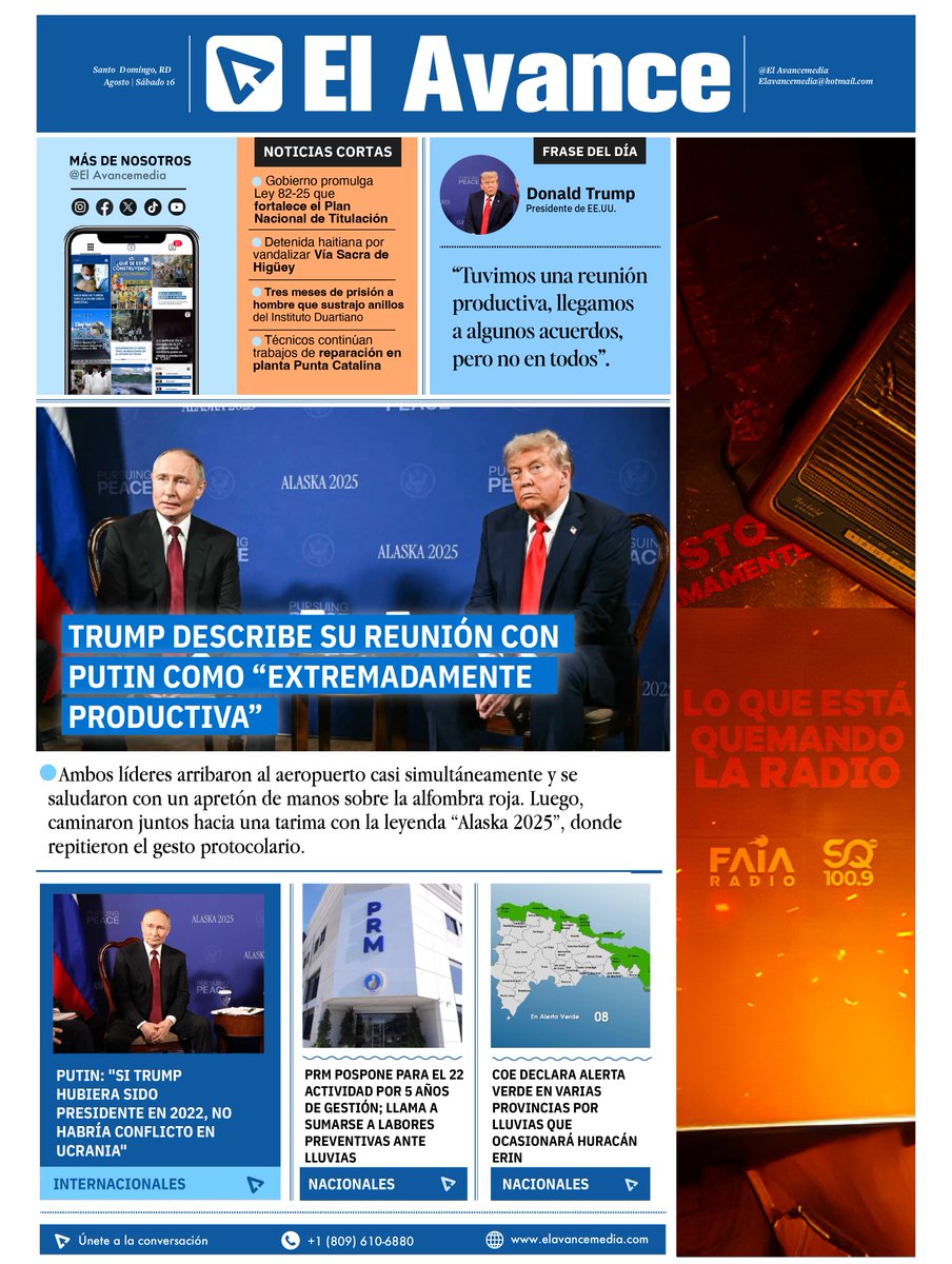 📰 PORTADA | 16 DE AGOSTO

- Trump describe su reunión con Putin como “extremadamente productiva”

- Putin: "Si Trump hubiera sido presidente en 2022, no habría conflicto en Ucrania"

Descubre todos los detalles en El Avance Media 🗞️

#elavance