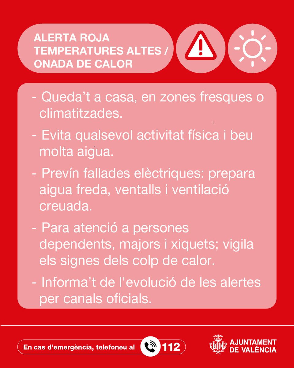 Ajuntament València (@ajuntamentvlc) on Twitter photo ⚠️🔴 <a href="/GVA112/">Emergències 112CV</a>
augmenta per avui dissabte, 16 d'agost, l'alerta per 🌡️ temperatures màximes al litoral de #València a alerta vermella.
🔥 Protegeix-te de la calor i segueix les recomanacions ⏬ ⚠️🔴 <a href="/GVA112/">Emergències 112CV</a>
augmenta per avui dissabte, 16 d'agost, l'alerta per 🌡️ temperatures màximes al litoral de #València a alerta vermella.
🔥 Protegeix-te de la calor i segueix les recomanacions ⏬