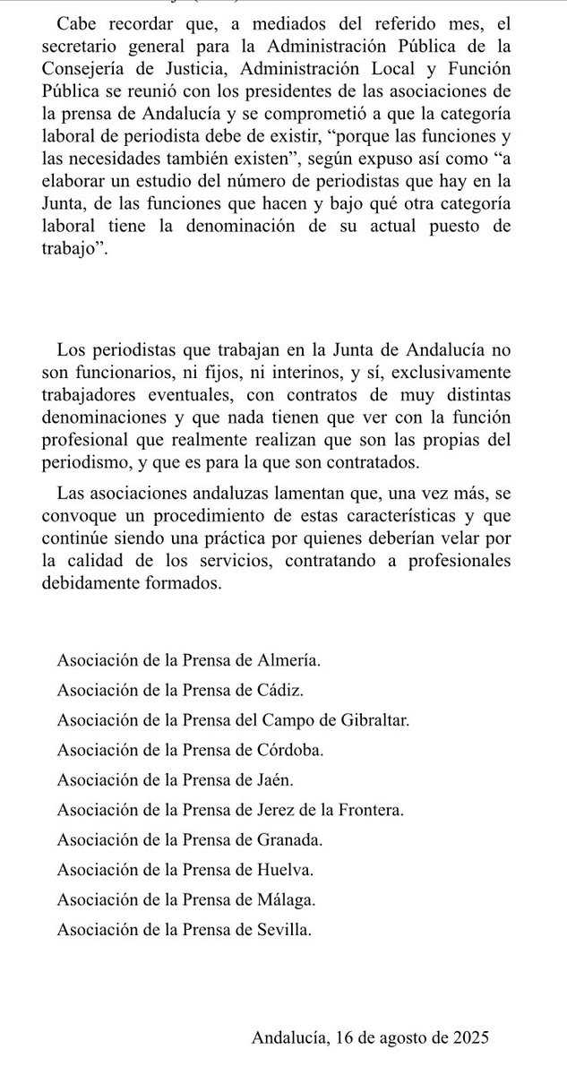 Asoc. Prensa Sevilla (@aprensasevilla) on Twitter photo Es intolerable que <a href="/AndaluciaJunta/">Junta de Andalucía</a> promueva y promocione el intrusismo en el periodismo. Las Asociaciones de la Prensa de Andalucía demandan a la Junta que los puestos de trabajo para labores de comunicación en las instituciones públicas los cubra con periodistas. Es intolerable que <a href="/AndaluciaJunta/">Junta de Andalucía</a> promueva y promocione el intrusismo en el periodismo. Las Asociaciones de la Prensa de Andalucía demandan a la Junta que los puestos de trabajo para labores de comunicación en las instituciones públicas los cubra con periodistas.