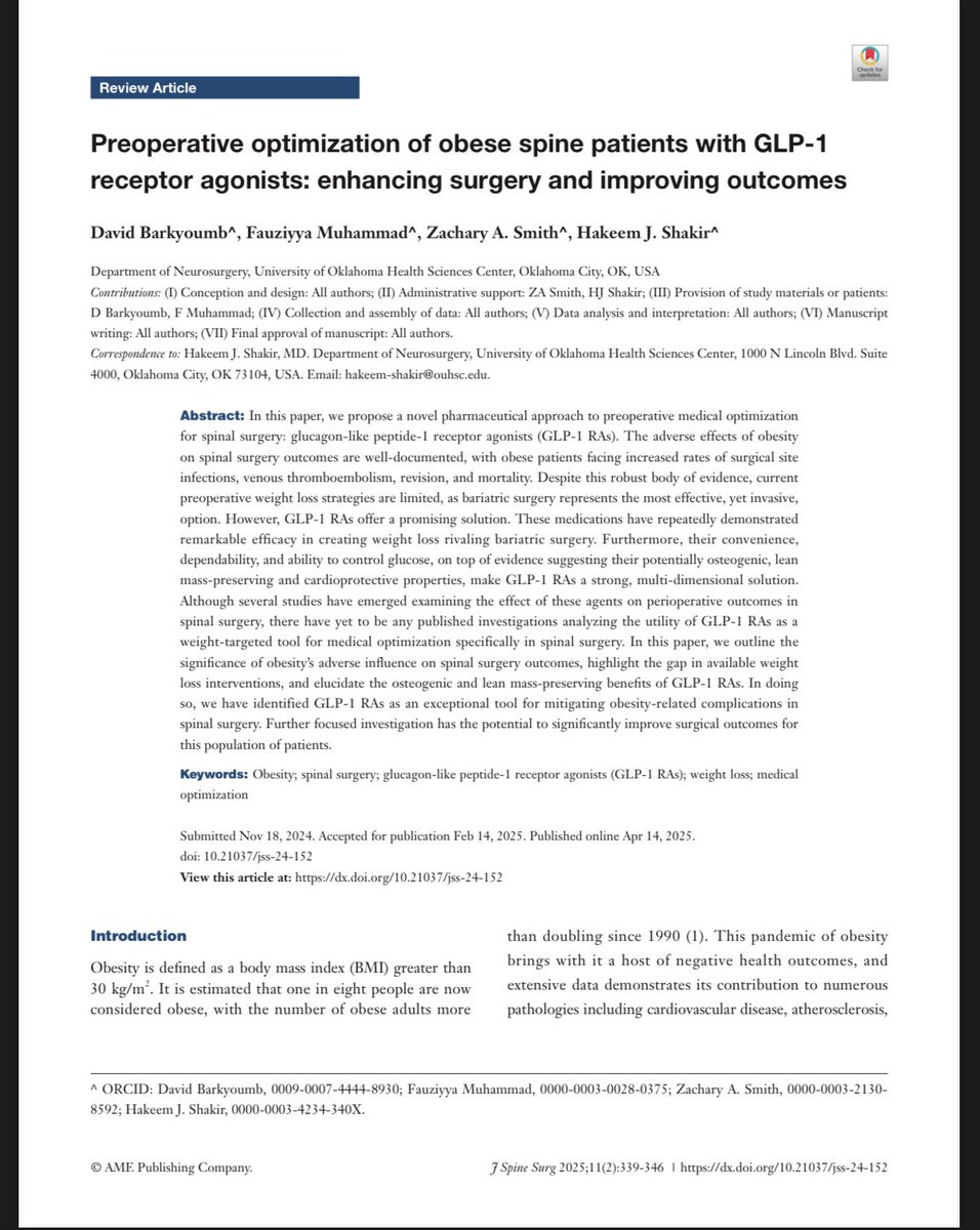 Zachary A. Smith, M.D. (@zacharyasmithmd) on Twitter photo Preoperative planning and management is key to best outcomes. Kudos to
<a href="/HakeemShakirMD/">Hakeem Shakir</a> and members of
<a href="/OU_Neurosurgery/">University of Oklahoma Neurosurgery</a> for looking at GLP-1 and similar medications in spine surgery!! Preoperative planning and management is key to best outcomes. Kudos to
<a href="/HakeemShakirMD/">Hakeem Shakir</a> and members of
<a href="/OU_Neurosurgery/">University of Oklahoma Neurosurgery</a> for looking at GLP-1 and similar medications in spine surgery!!