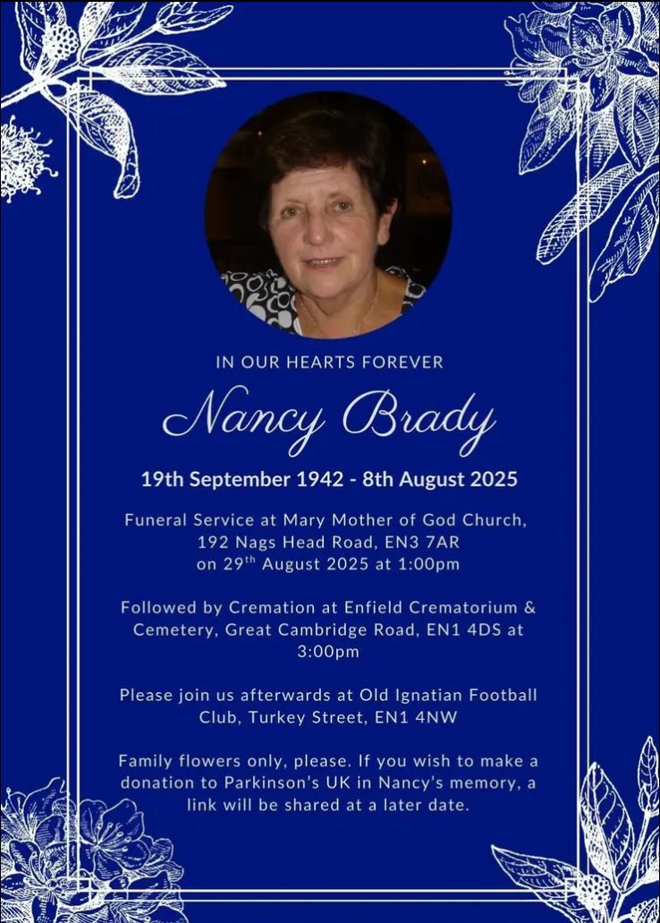 The Club would like to offer its sincerest condolences to the family and friends of Nancy Brady who passed away on 25th July. 
Our thoughts are with all the family at this sad time. 
Details of Nancy’s funeral are below should you wish to attend. 
Rest in Peace Nancy 💙💛