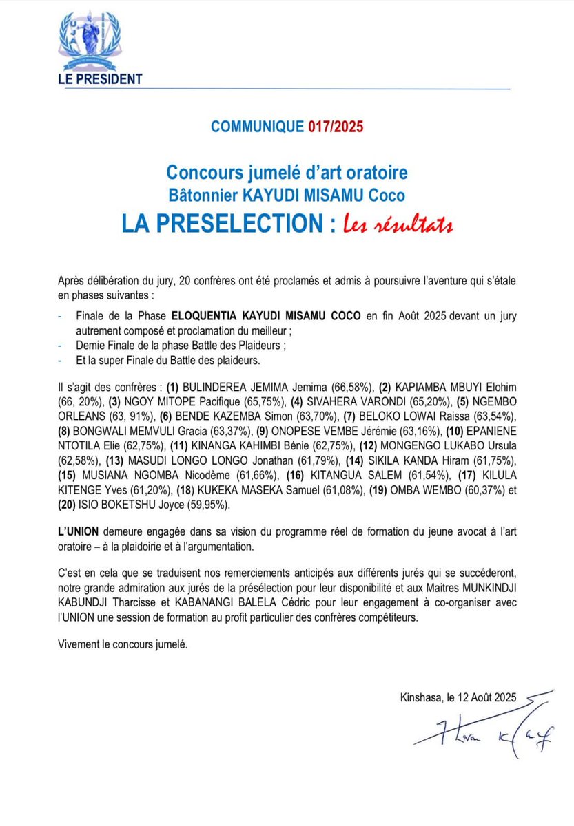Maître <a href="/MaitreIleo/">Chris Ileo 🔥</a> a été désigné Membre du jury  au Concours jumelé d'art oratoire Bâtonnier Kayudi Misamu Coco organisé par l'<a href="/BkmUja/">UJA BKM</a>.

Il s'agit d'un jury qui s'est démarqué par sa disponibilité, son appropriation, sa confraternité, sa qualité mais surtout sa rigueur.