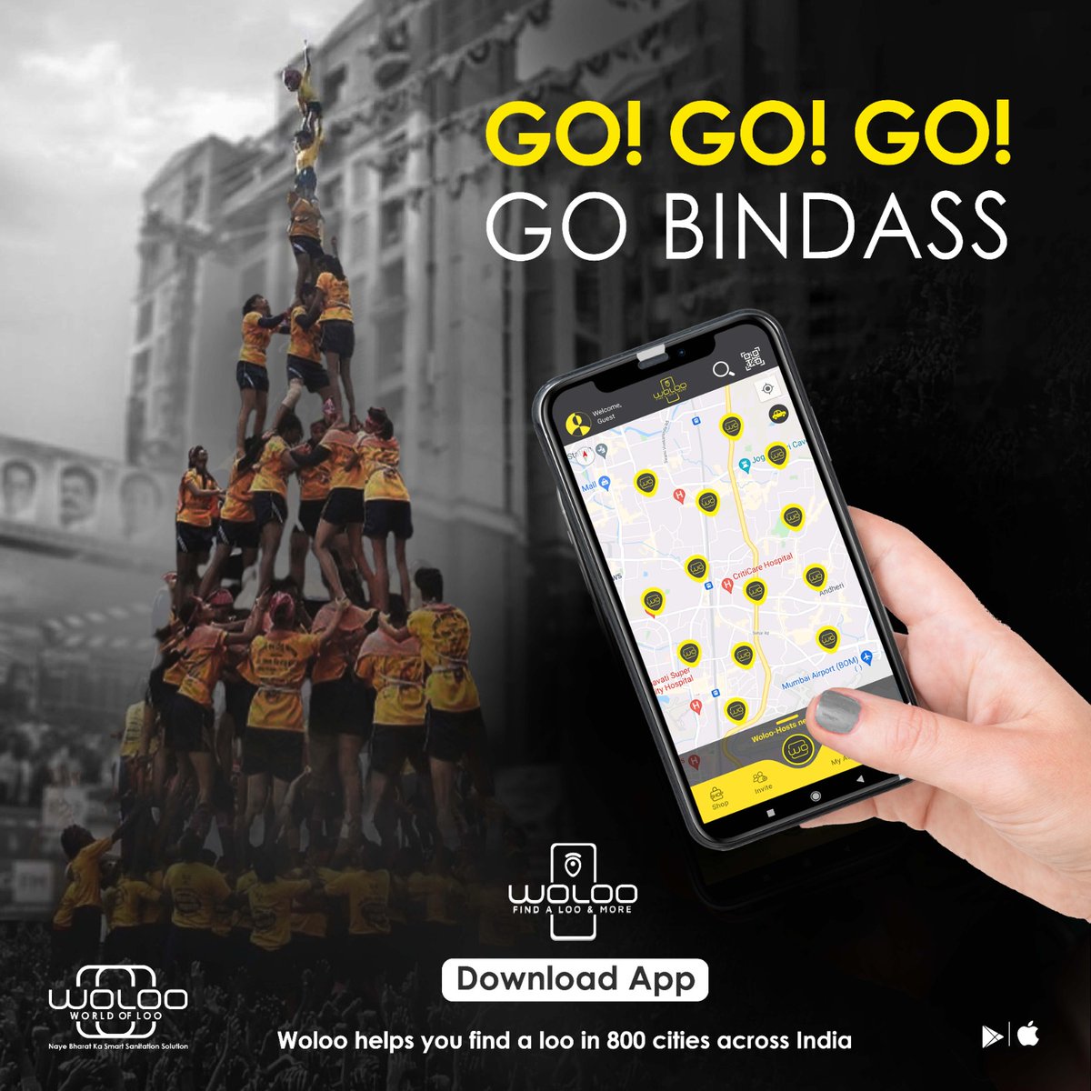 Go high, go bindass, go break that Dahi Handi! 🙌
And when nature calls—go Woloo 🚻💛

Download Woloo App - lnkd.in/dDGg82iM

#Janmashtami #GoBindass #WolooApp