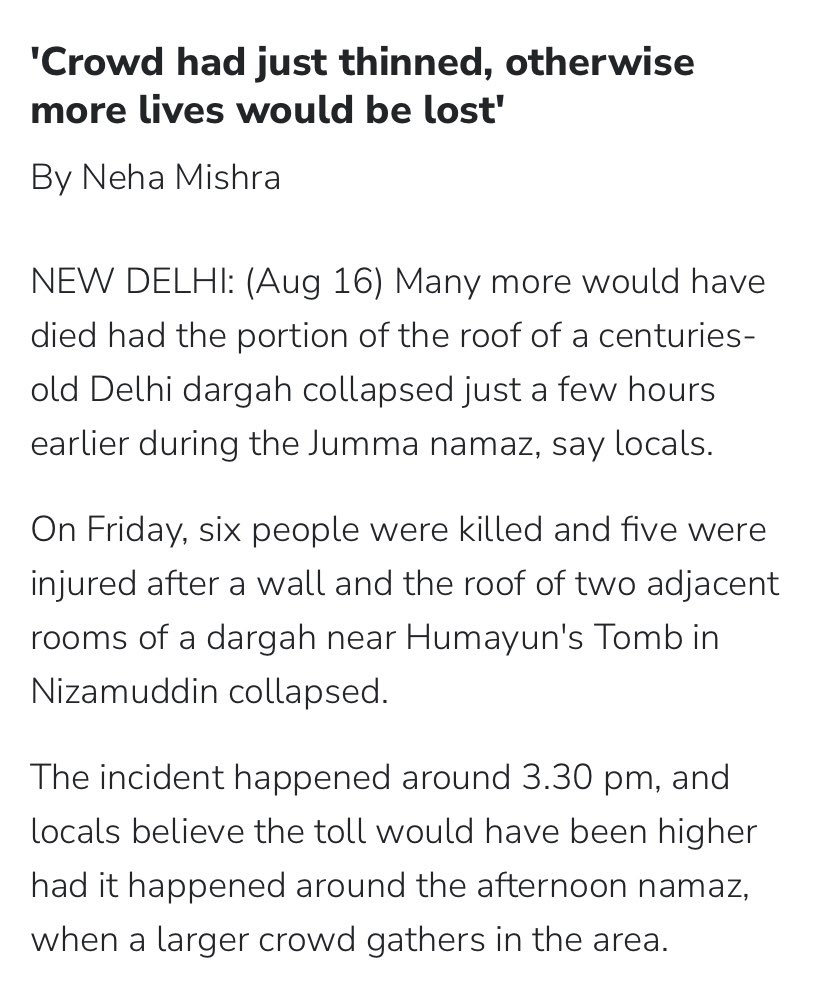 Many more would have died had the portion of the roof of a centuries-old #Delhi dargah collapsed just a few hours earlier during the Jumma namaz, say locals.

ptinews.com/story/national…