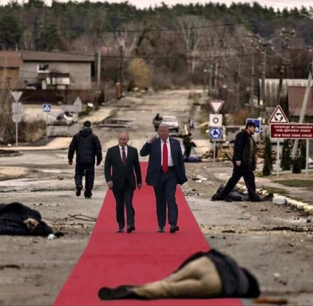 Це найкраща ілюстрація того, що вчора відбулось на Алясці. 
#RussialsATerroristState 
#PutinIsaWarCriminal 
#RussiaIsANaziState