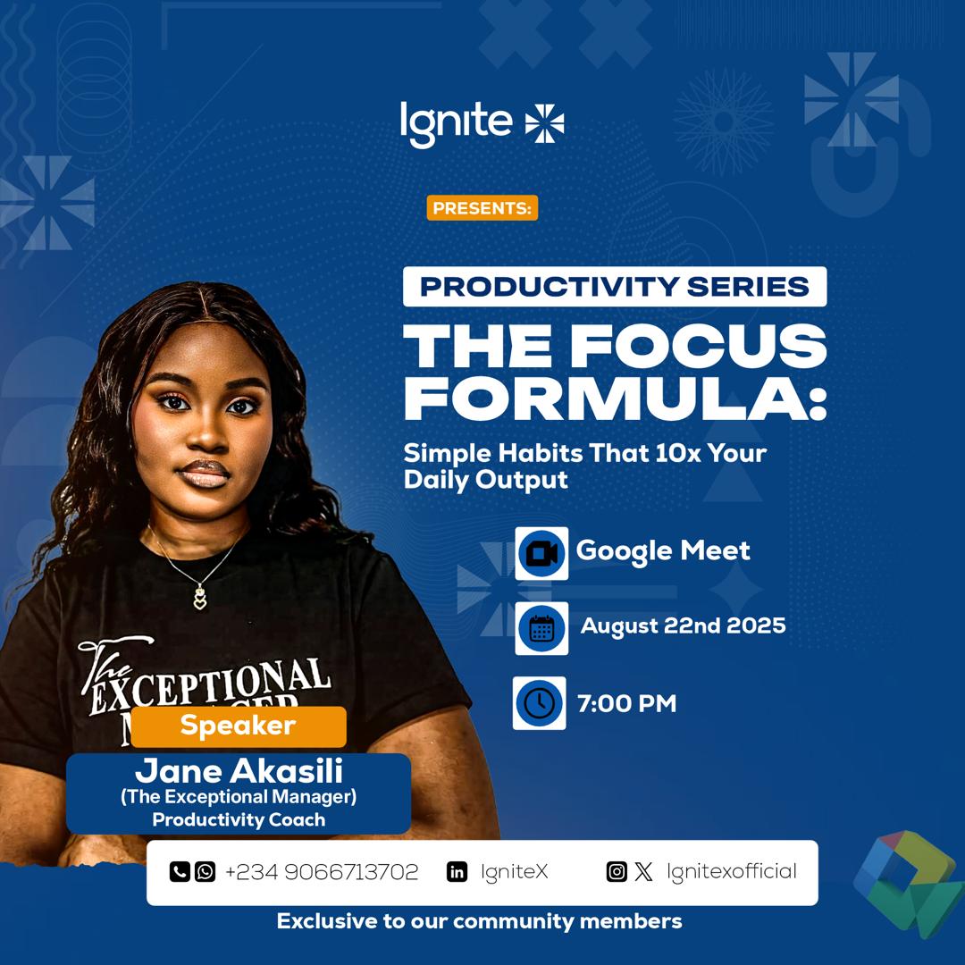 Ignitexofficial's tweet image. 🔥 Ready to 10x your daily output?
Join us on Aug 22 | 7 PM (GMT+1) for The Focus Formula with Jane Akasili (The Exceptional Manager).

📍 Google Meet | Exclusive to Ignite X community

#IgniteX #Productivity #FocusFormula