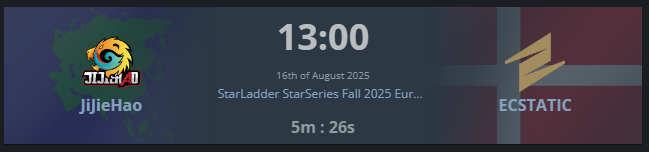 ECSTATIC ⚡️ (@ecstaticcs) on Twitter photo Revenge time 🤘
We are playing against <a href="/jijiehaocs2/">JIJIEHAO CS2</a> in the <a href="/StarLadder_CS/">StarLadder CS2</a> StarSeries Fall 2025 Closed Qualifier!
Forget the first match against them - this is the one that counts! ⚡️
Stream is live already 📺
kick.com/starladder1 Revenge time 🤘
We are playing against <a href="/jijiehaocs2/">JIJIEHAO CS2</a> in the <a href="/StarLadder_CS/">StarLadder CS2</a> StarSeries Fall 2025 Closed Qualifier!
Forget the first match against them - this is the one that counts! ⚡️
Stream is live already 📺
kick.com/starladder1