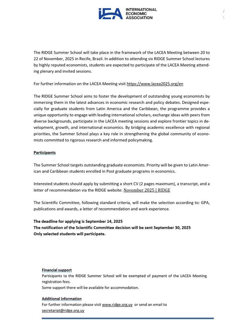 This year together with <a href="/lacea2025/">LACEA 2025</a> we will run the RIDGE <a href="/RIDGE_uy/">RIDGE</a> Summer School in Recife. If you are a master or PhD student in Latin America, this is your chance to see top research and have some lectures with top-level scholars. Please apply here ridge.org.uy/summer_school/…
