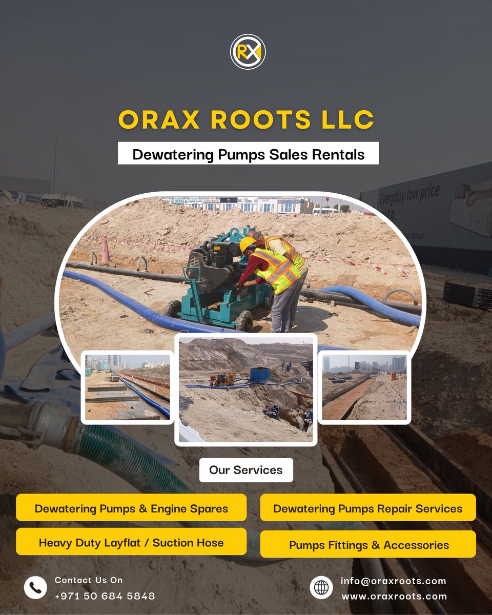 OraxRoots's tweet image. Orax Rentals Dewatering Company: Located in Mussafah, Abu Dhabi, we offer dewatering pump sales and rentals, ground water control, dewatering pumps spares, engine spares, hoses, fittings. 

#OraxRentals #DewateringSolutions #AbuDhabi #CentrifugalPumps #DieselPumps #GroundWater