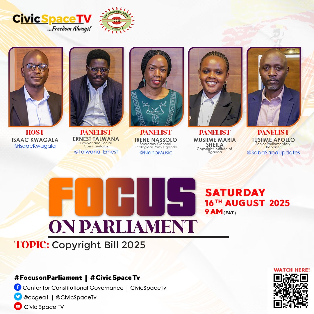 CIVIC SPACE TV (@civicspacetv) on Twitter photo HAPPENING NOW: #CivicSpaceTV #FocusOnParliament about the Copyright Bill 2025.
<a href="/IsaacKwagala/">Isaac .S. Kwagala</a> <a href="/SheilaMusiime/">sheila musiime</a> <a href="/Talwana_Ernest/">Ernest Talwana</a> <a href="/Neenoka/">NenoMusic</a> <a href="/sabasabaupdates/">Sabasabaupdates</a>
Showing on youtu.be/-b313XWHVSc
Join the discussion and subscribe to the channel. HAPPENING NOW: #CivicSpaceTV #FocusOnParliament about the Copyright Bill 2025.
<a href="/IsaacKwagala/">Isaac .S. Kwagala</a> <a href="/SheilaMusiime/">sheila musiime</a> <a href="/Talwana_Ernest/">Ernest Talwana</a> <a href="/Neenoka/">NenoMusic</a> <a href="/sabasabaupdates/">Sabasabaupdates</a>
Showing on youtu.be/-b313XWHVSc
Join the discussion and subscribe to the channel.