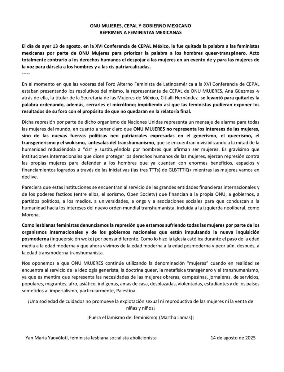 Yan María Yaoyólotl condena la censura en la XVI Conferencia Regional de la Mujer en América Latina y el Caribe