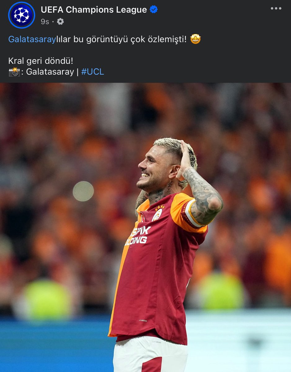 enosportz's tweet photo. 93 milyon takipcili Resmi Şampiyonlar Ligi hesabının paylaşımı:

“Galatasaraylılar bu görüntüyü çok özlemişti!🤩 Kral geri döndü.” https://t.co/b7iNzPKY9j