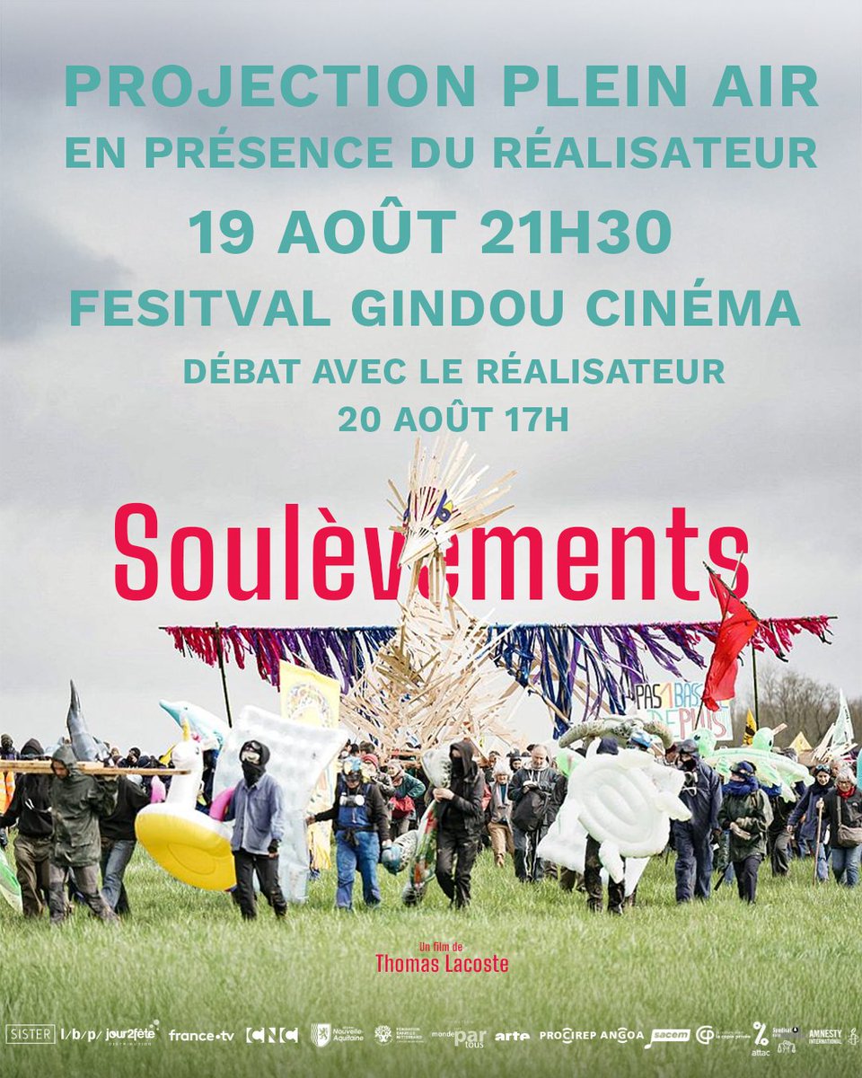 ✨J'aurai le plaisir de présenter l'avant-première en plein air de #Soulèvements, ce mardi 19 août à 21h30, au festival Gindou cinéma (Lot)✨
✨Et le lendemain, mercredi 20 août à 17h, de participer à une rencontre publique autour du film✨
Nous vous attendons nombreuses•x✨✨✨
