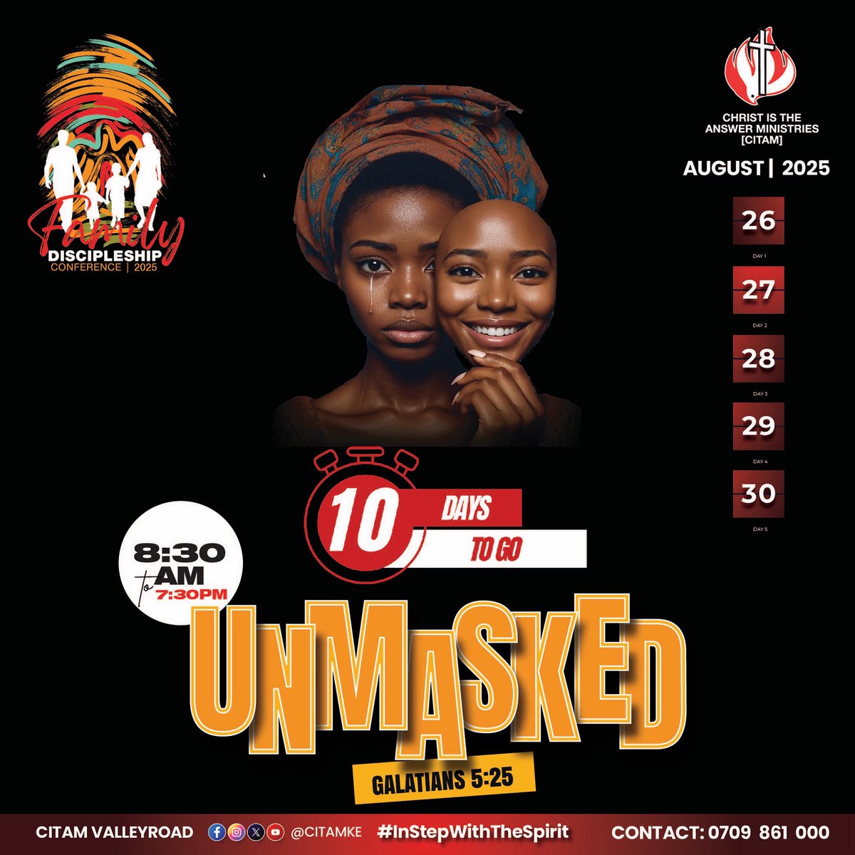 10 DAYS TO GO‼️🌸

We are excited to see you at this year’s Family Discipleship Conference💯

Note that Day 1 starts at 4:30pm 🕟
All other days start at 8:30am
Happening @citamvrdke ⛪️

See you there👏🏽👏🏽🥳
#fdc #instepwiththespirit #unmasked