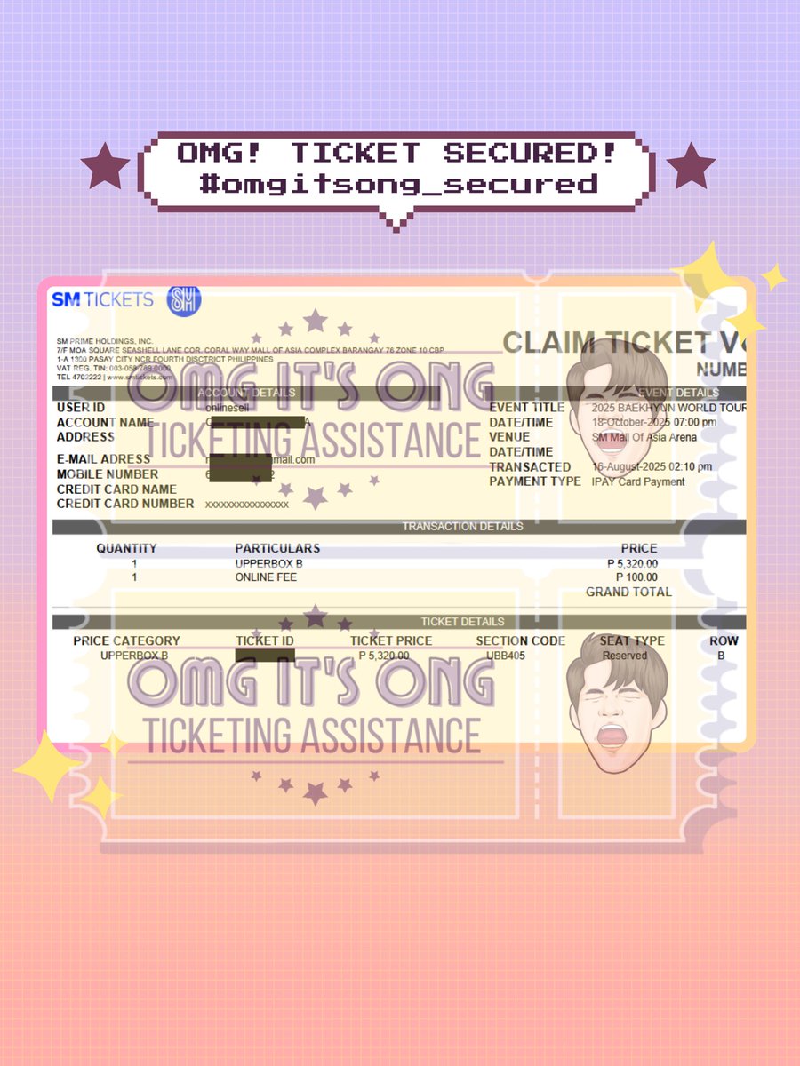 #OIO_proofs

OMG, Tickets secured for 2025 BAEKHYUN WORLD TOUR &lt;Reverie&gt; in MANILA!

✨Ticket secured under client's details!

✅ 1 UBB (Row B)

❌TICKET NOT FOR SALE❌

#BAEKHYUN #백현 #Reverie #ReverieTour #ReverieMANILA