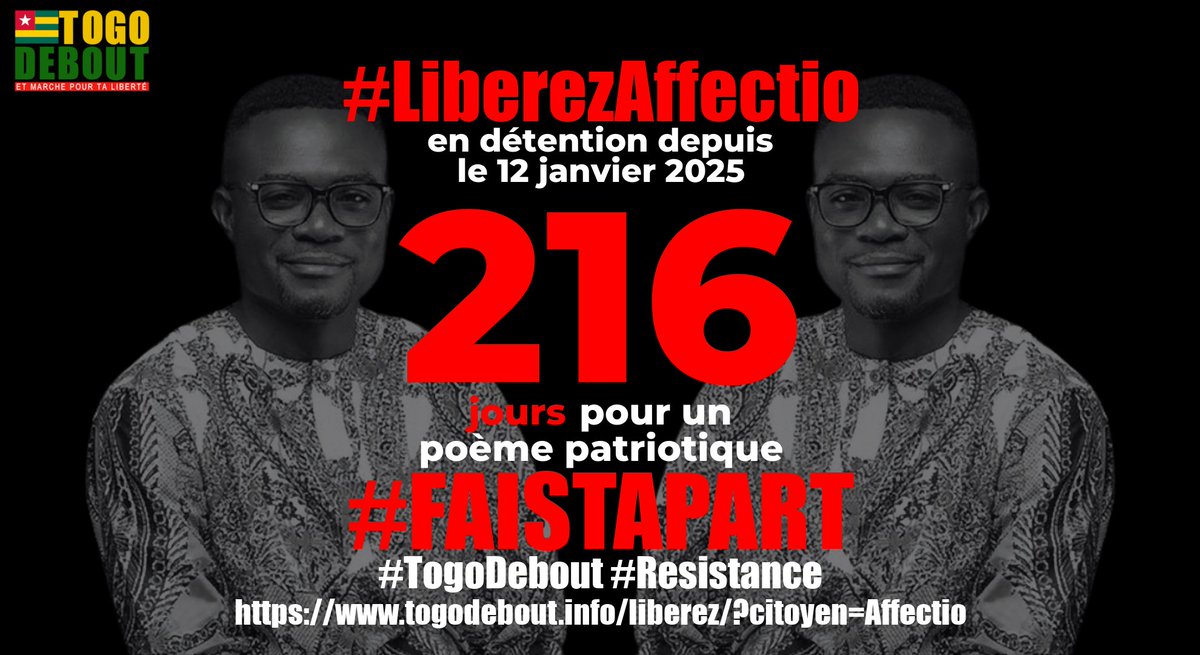 Libérez Affectio / Free Affectio
 togodebout.info/liberez/&s=b35…

Pour la libération des prisonniers politiques au rang desquels Affection, Satchivi, Omoulou etc

#LiberezLesPrisonniersPolitiques
#LiberezAffectio #FreeTogo #TogoMort
#FaureMustGo #TogoDebout