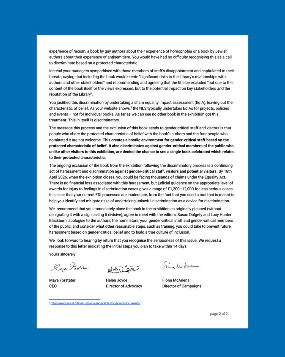 Sex Matters (@sexmattersorg) on Twitter photo We are dismayed that The Women Who Wouldnât Wheesht has been excluded from <a href="/natlibscot/">National Library of Scotland</a>âs âDear Libraryâ exhibition on discriminatory grounds.
We have written to the National Libraryâs Chief Executive and Chair warning that the library risks legal action from thousands of people. We are dismayed that The Women Who Wouldnât Wheesht has been excluded from <a href="/natlibscot/">National Library of Scotland</a>âs âDear Libraryâ exhibition on discriminatory grounds.
We have written to the National Libraryâs Chief Executive and Chair warning that the library risks legal action from thousands of people.