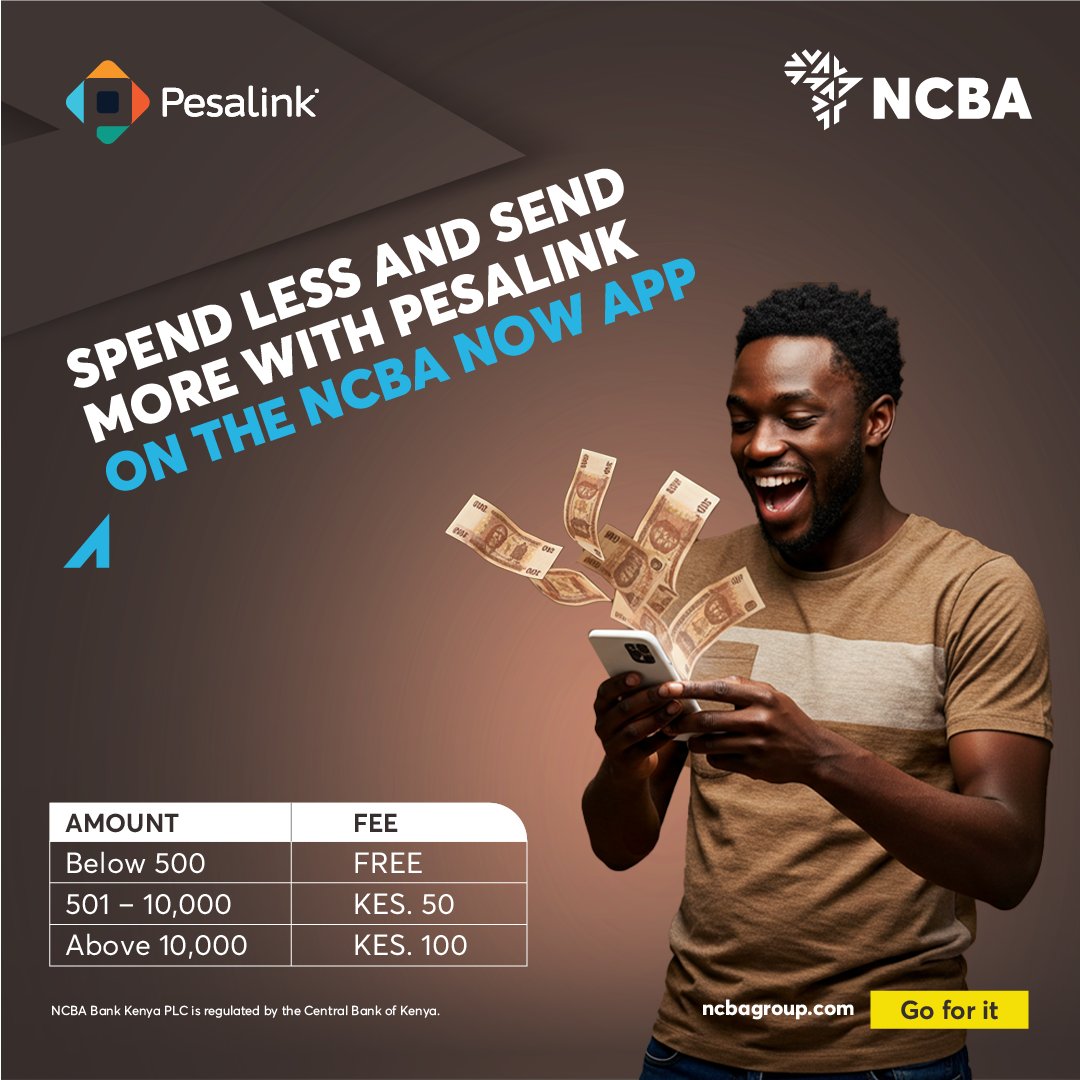 Send more, Spend less! With Pesalink on the NCBA NOW App, you can instantly transfer up to KES 999,999 while saving on fees. It's secure, seamless, and designed for your convenience. Download the app today from the App Store or Google Play Store! 
#Goforit #NCBATwendeMbele